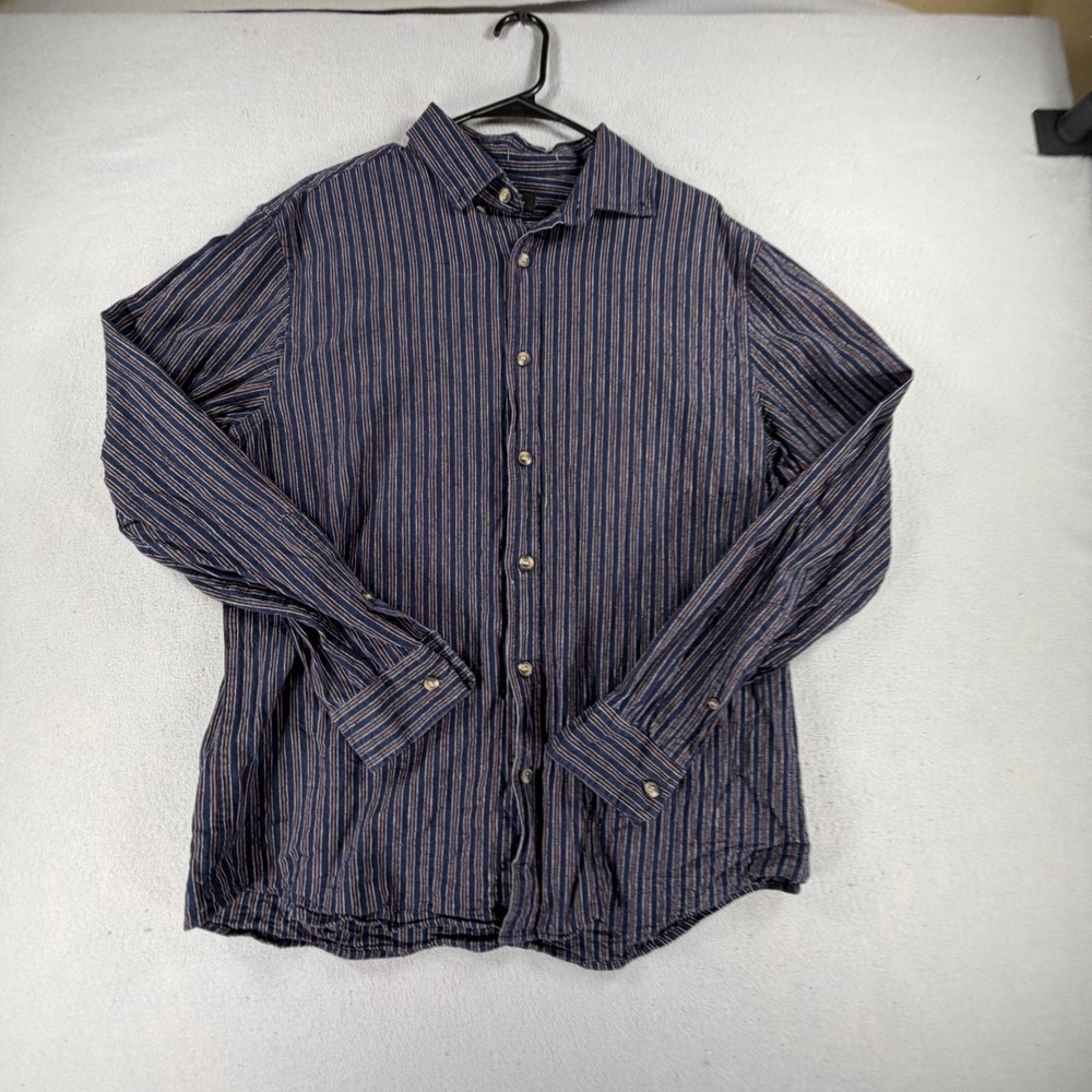 Banana Republic Mens L Slim Fit Untucked Shirt Blue Stripe Linen Cotton Blend